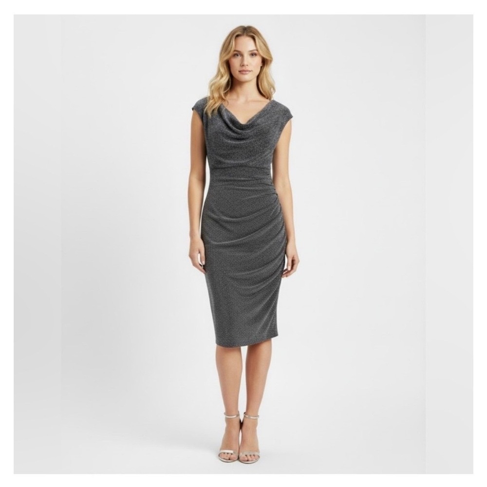 Lauren Ralph Lauren Black Silver Metallic Cowl Neck Ruched Sheath Dress 4